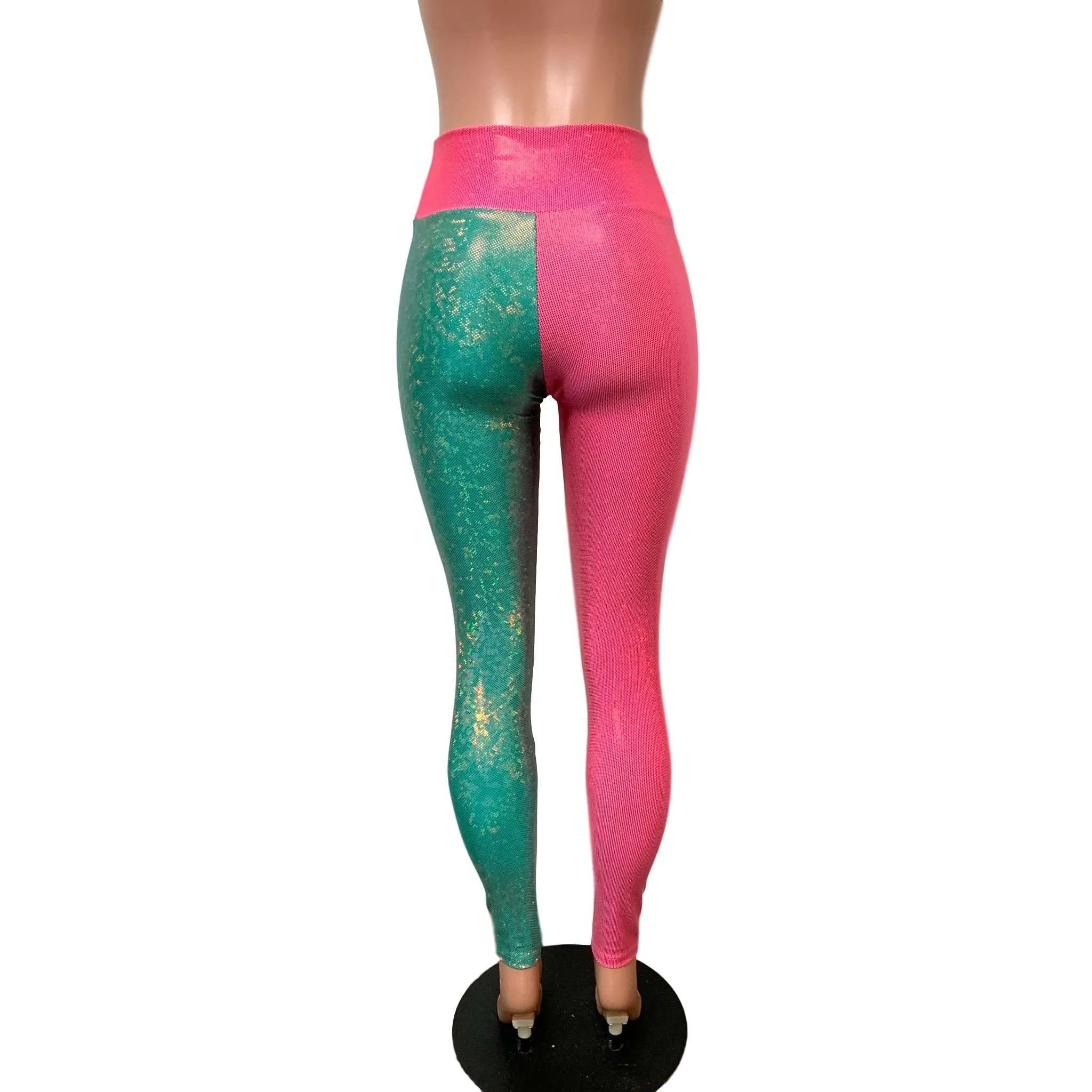 Holographic Colorblock Leggings - Pink and Jade Shattered Glass