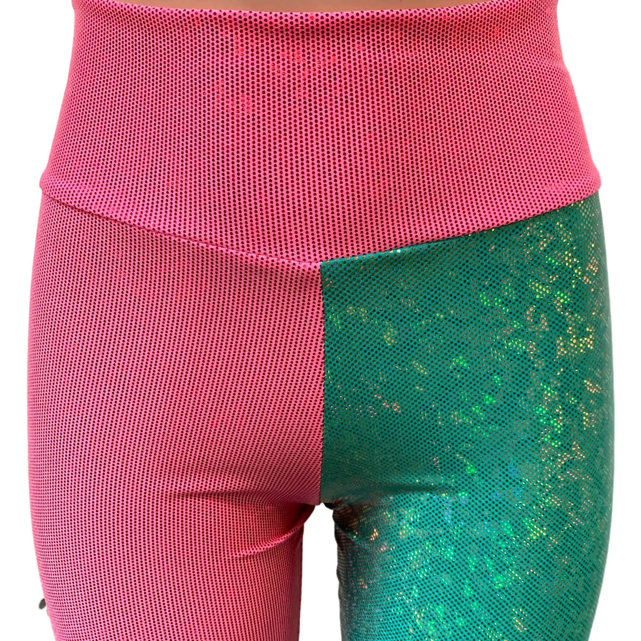 Holographic Colorblock Leggings - Pink and Jade Shattered Glass