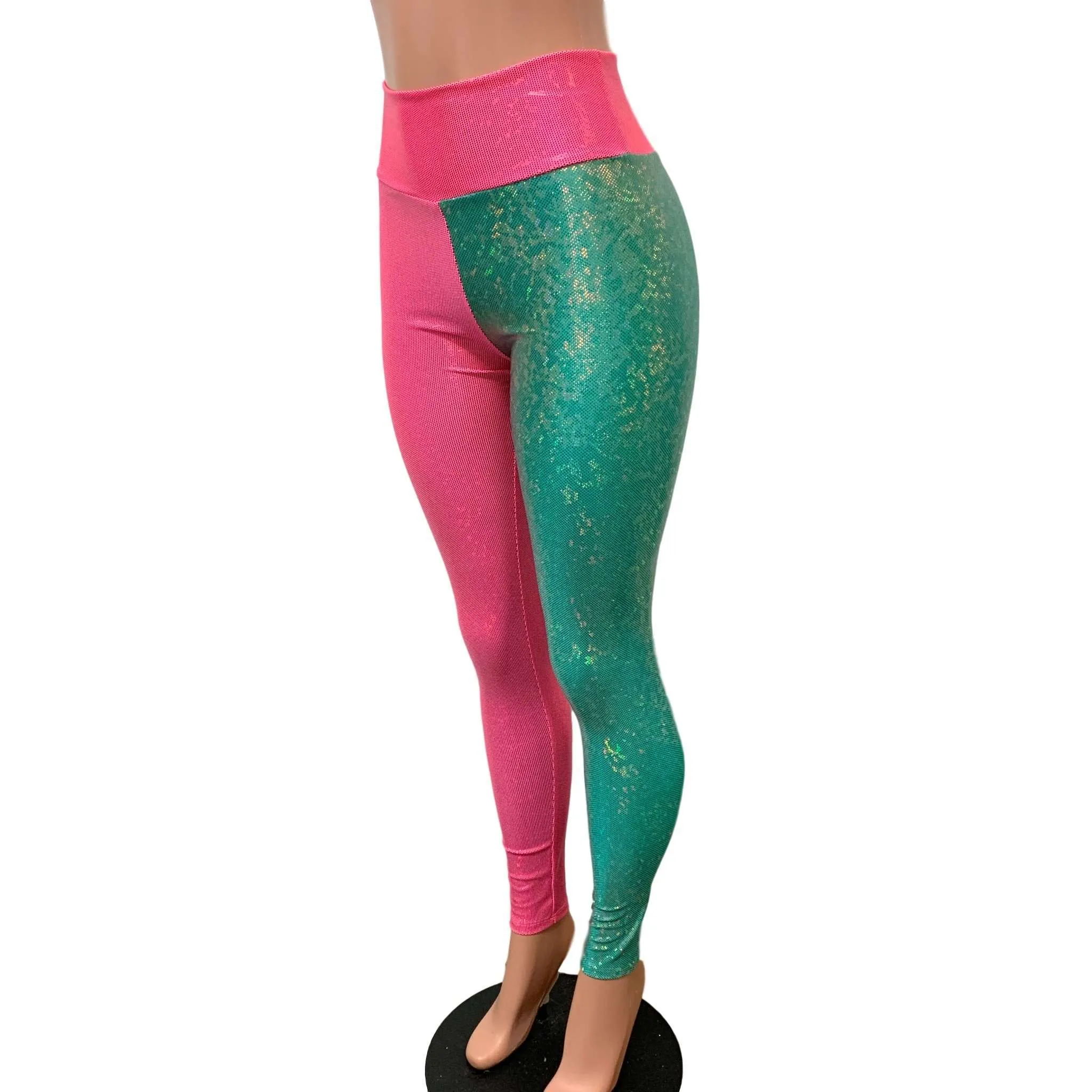 Holographic Colorblock Leggings - Pink and Jade Shattered Glass