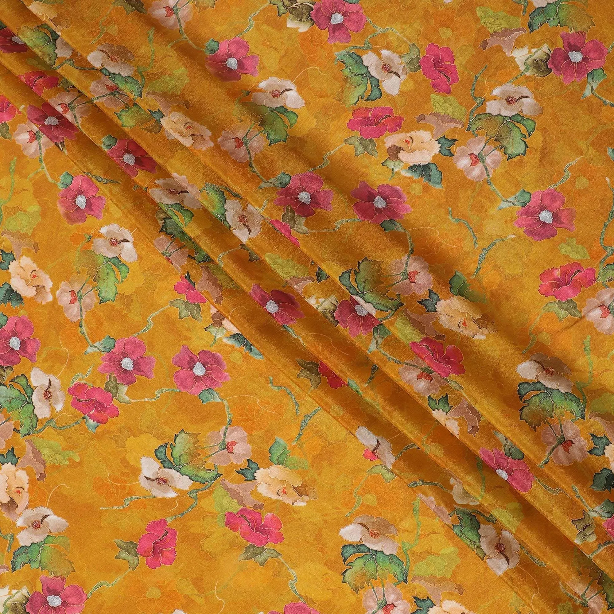 Honey yellow viscose crepe fabric with multicolor print in floral design-D15701