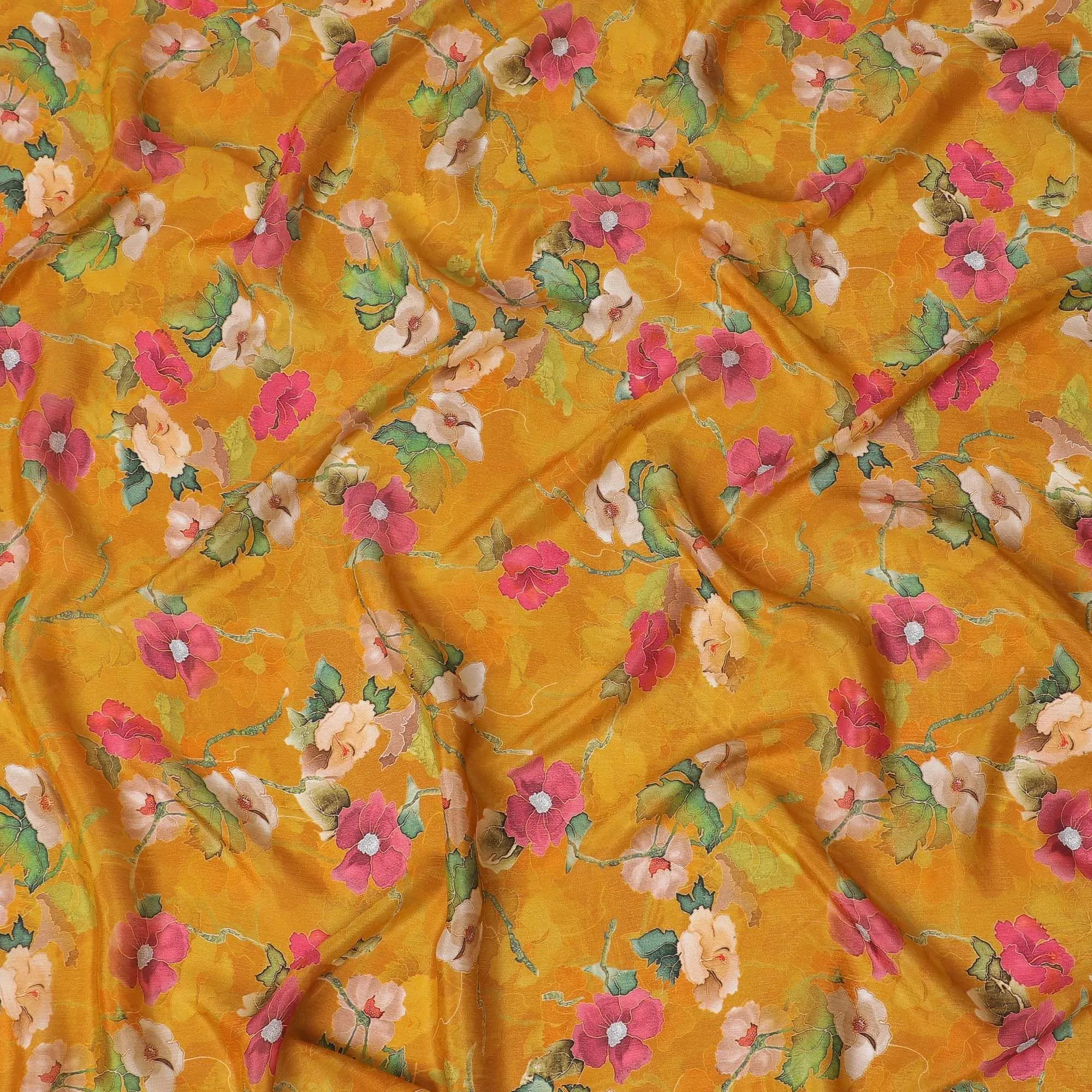 Honey yellow viscose crepe fabric with multicolor print in floral design-D15701