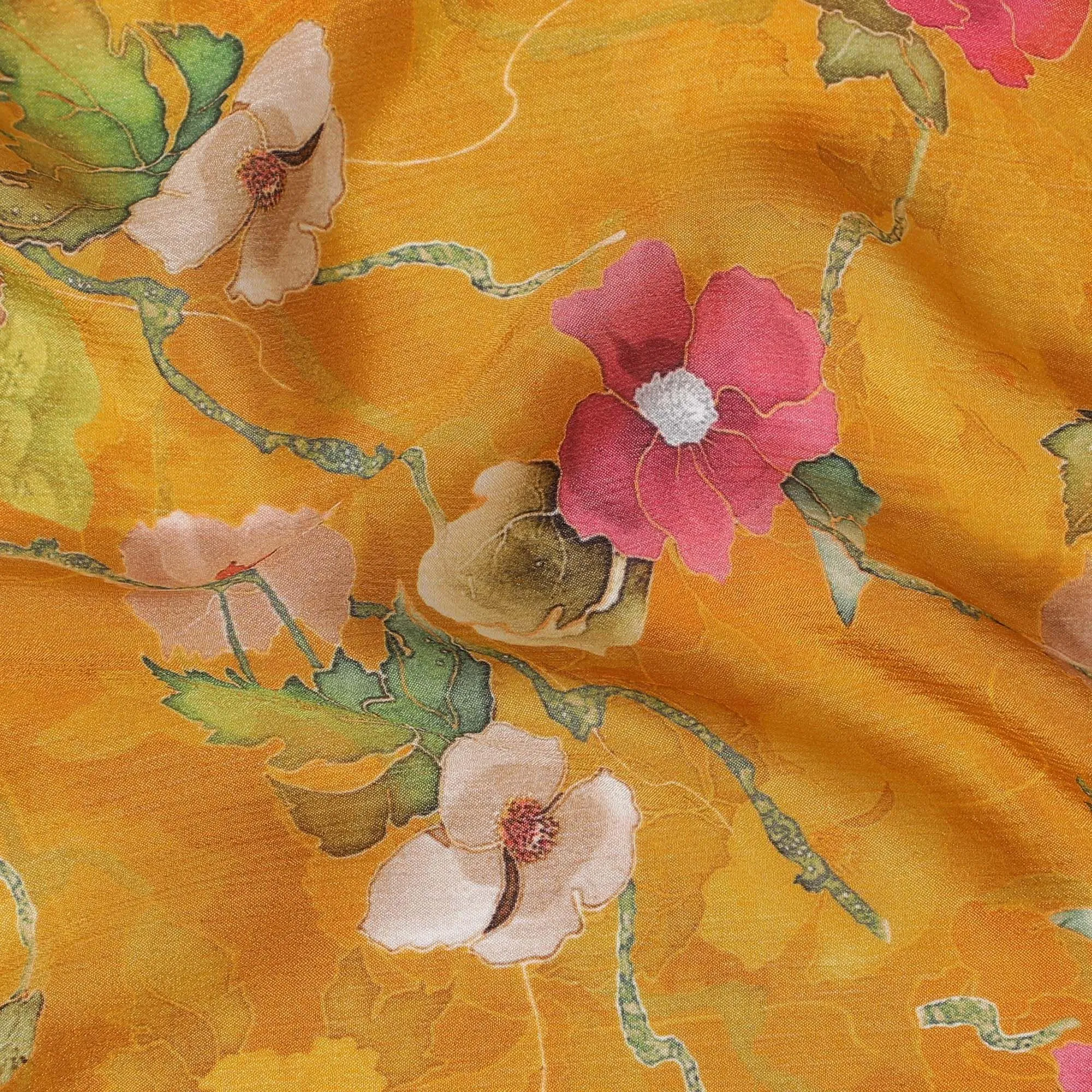 Honey yellow viscose crepe fabric with multicolor print in floral design-D15701