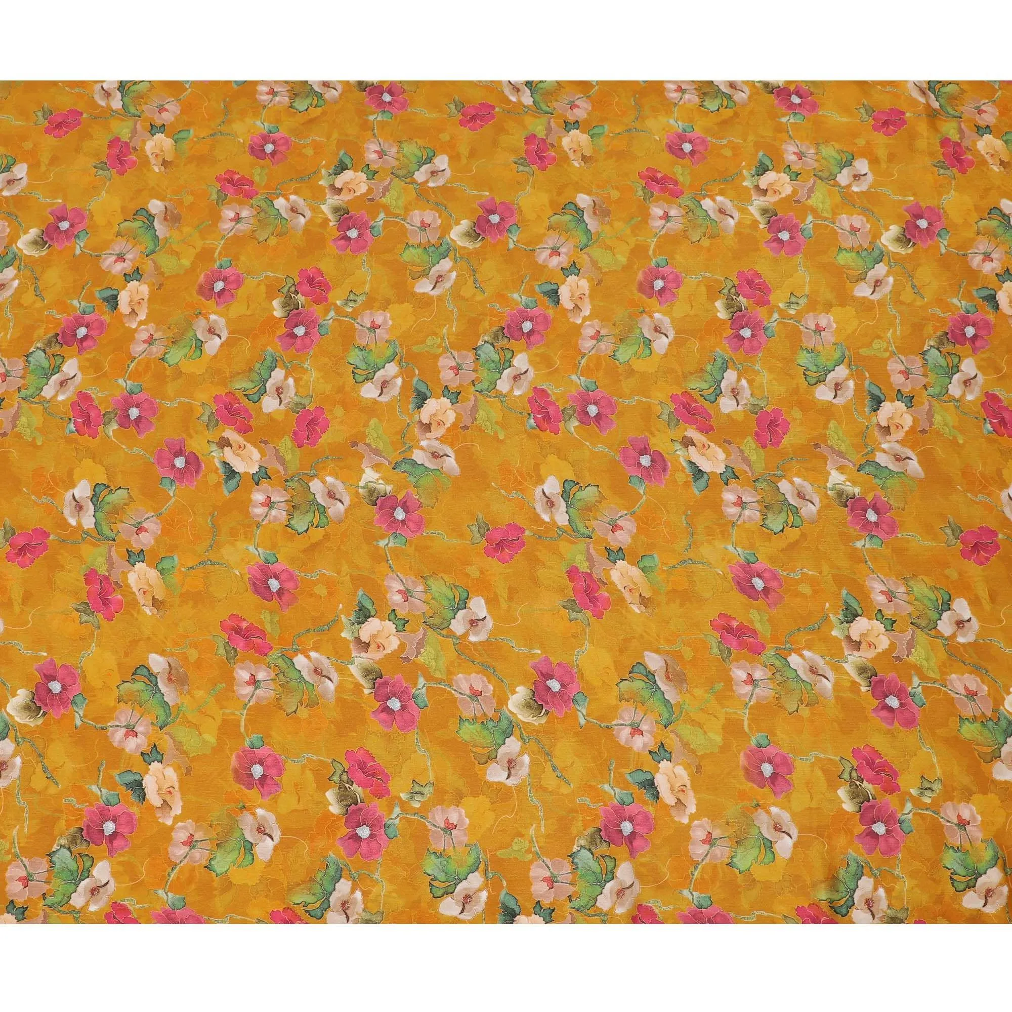 Honey yellow viscose crepe fabric with multicolor print in floral design-D15701