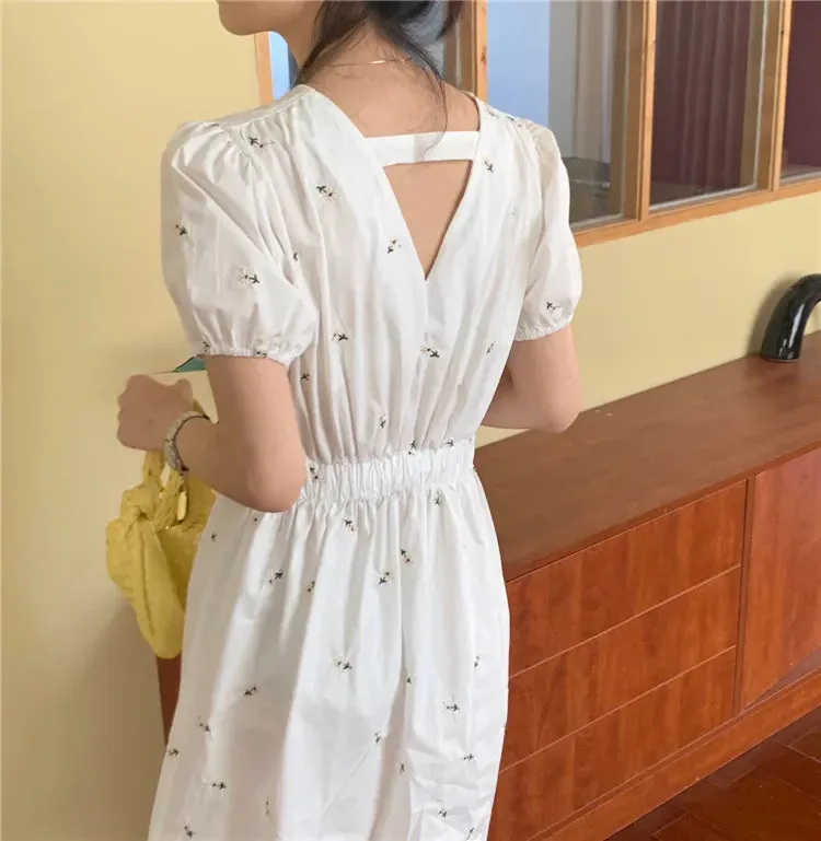 Joskka  New Women Summer Dresses Casual Embroidery Floral Puff Sleeve Buttons High Waist Vintage Back Hollow Out Long Dress