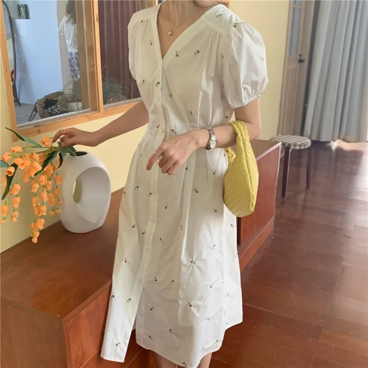 Joskka  New Women Summer Dresses Casual Embroidery Floral Puff Sleeve Buttons High Waist Vintage Back Hollow Out Long Dress