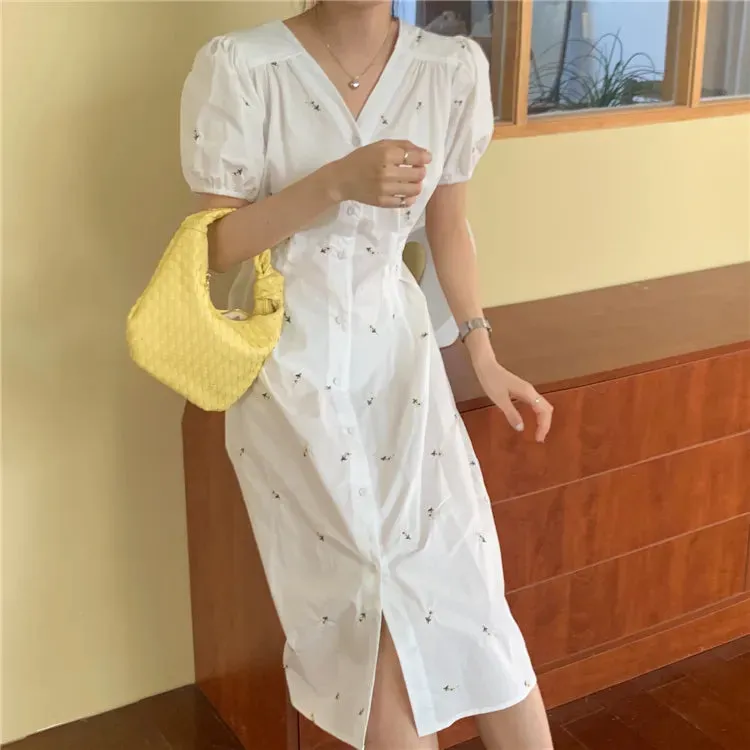 Joskka  New Women Summer Dresses Casual Embroidery Floral Puff Sleeve Buttons High Waist Vintage Back Hollow Out Long Dress