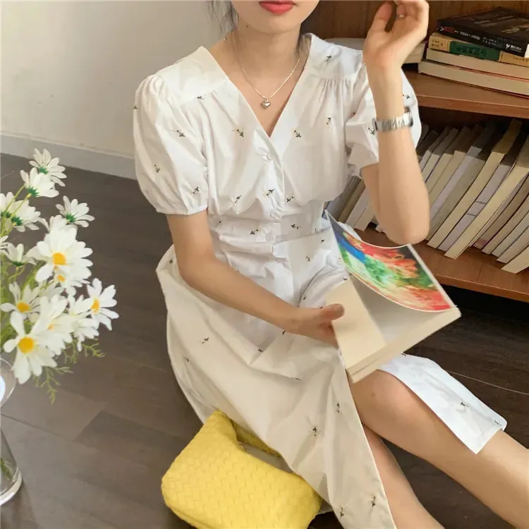 Joskka  New Women Summer Dresses Casual Embroidery Floral Puff Sleeve Buttons High Waist Vintage Back Hollow Out Long Dress