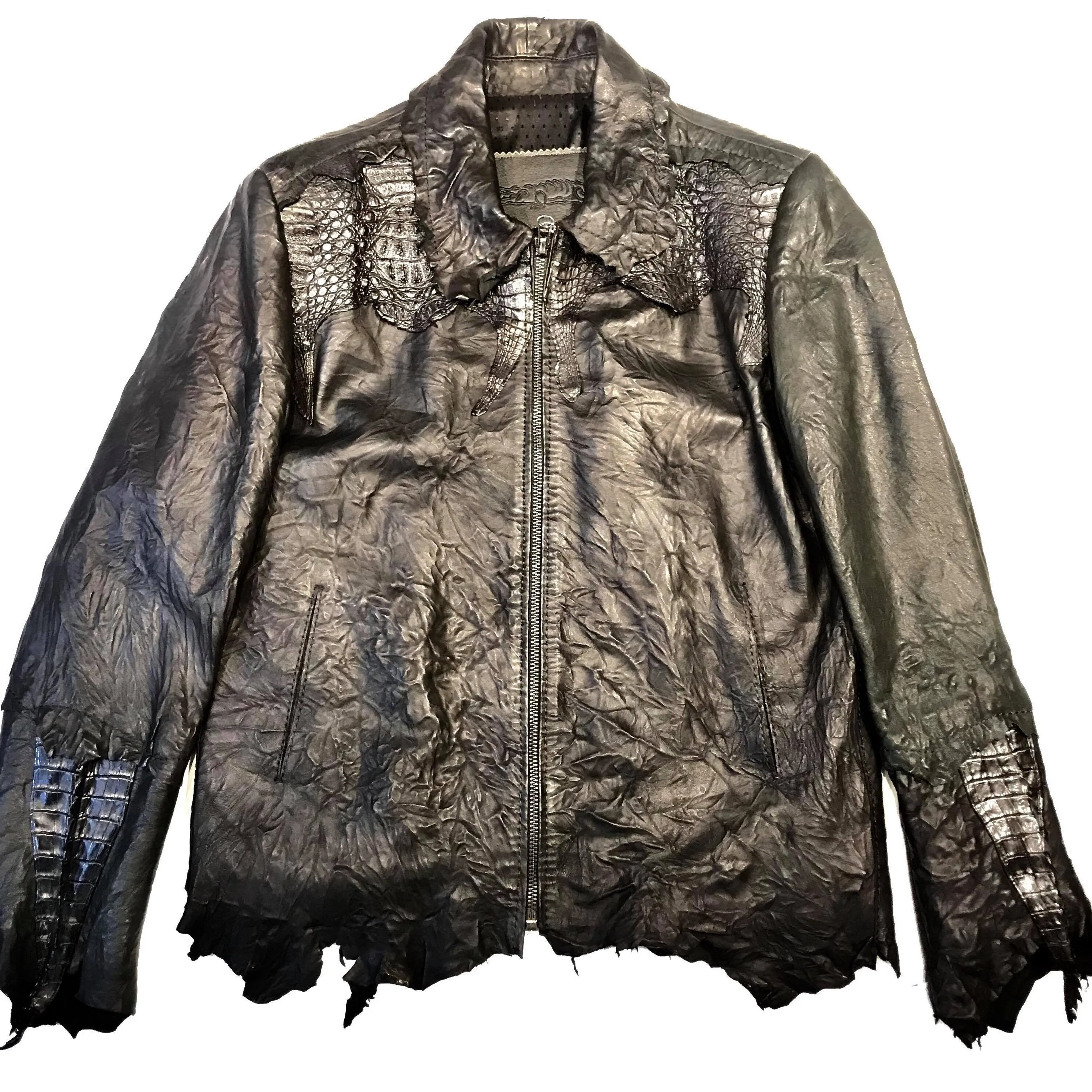 Kashani LUX Jet Black Raw Cut Alligator Lambskin Bomber Jacket