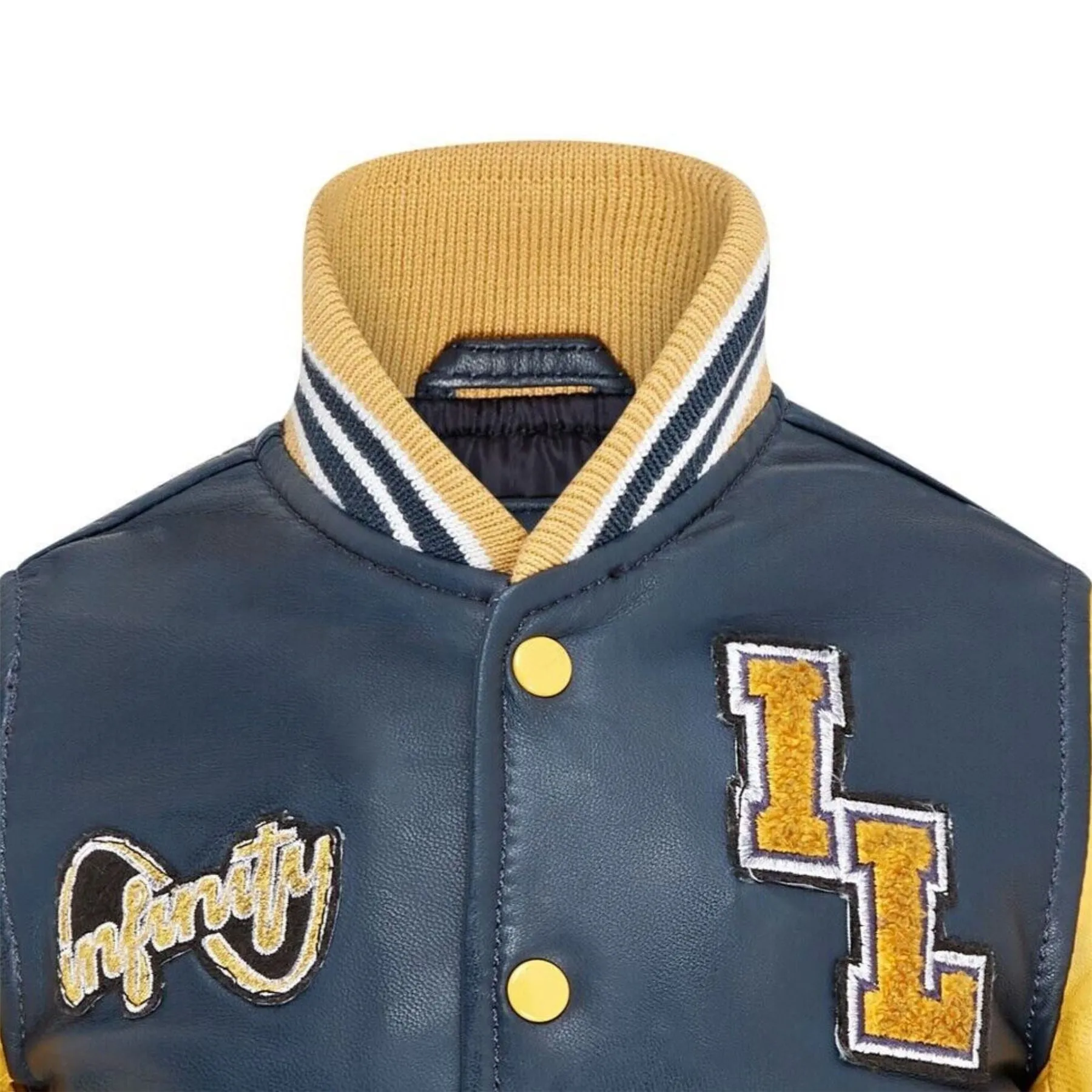 Kids Navy Blue Genuine Leather Bomber Jacket Baseball Letterman Coat