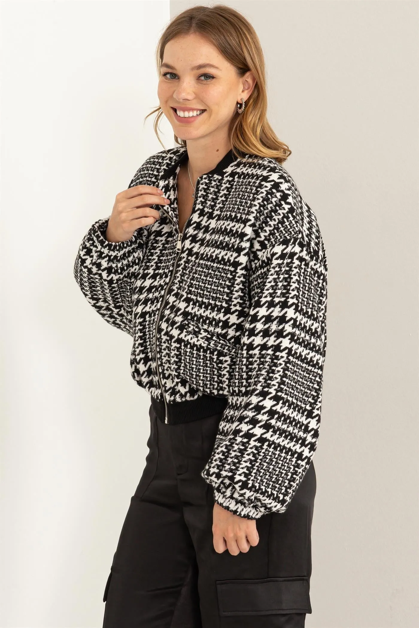 Kylan (Houndstooth Balloon Sleeve Bomber Jacket)