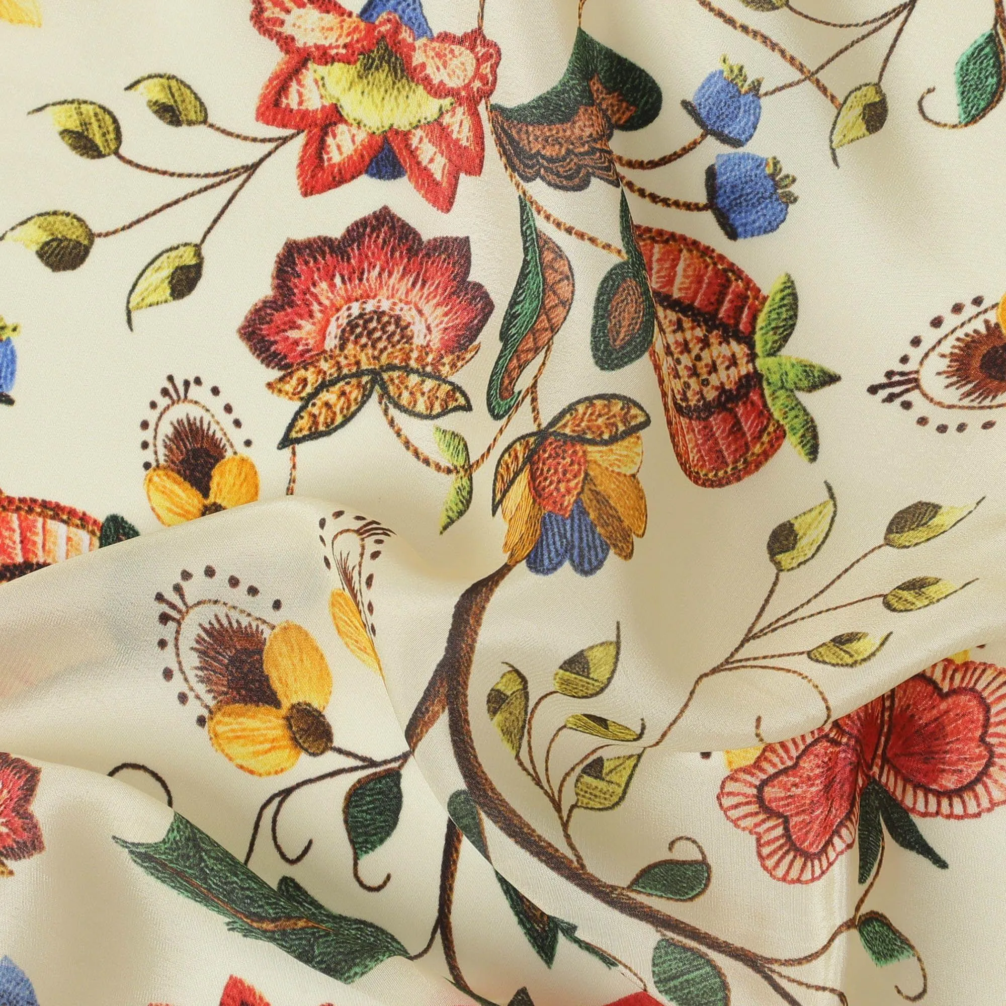 Laguna yellow synthetic crepe fabric with multicolor print in floral design-D10017