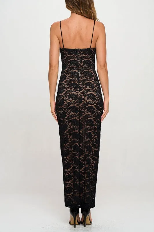 Lizette Sleeveless Floral Lace Maxi Dress Black