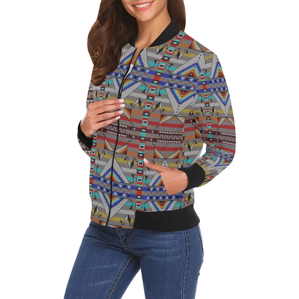 Medicine Blessing Grey All Over Print Bomber Jacket for Women