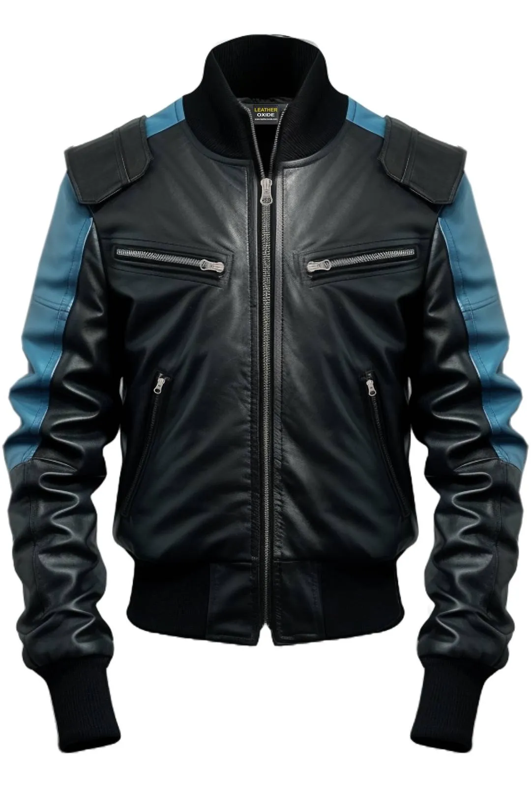 Men Bomber Leather Jacket - Blue Black Bomber Jacket