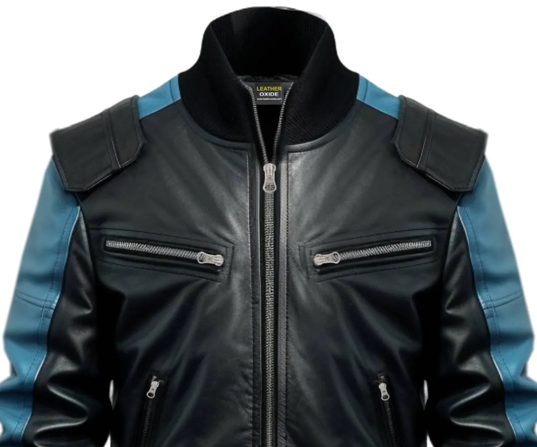 Men Bomber Leather Jacket - Blue Black Bomber Jacket