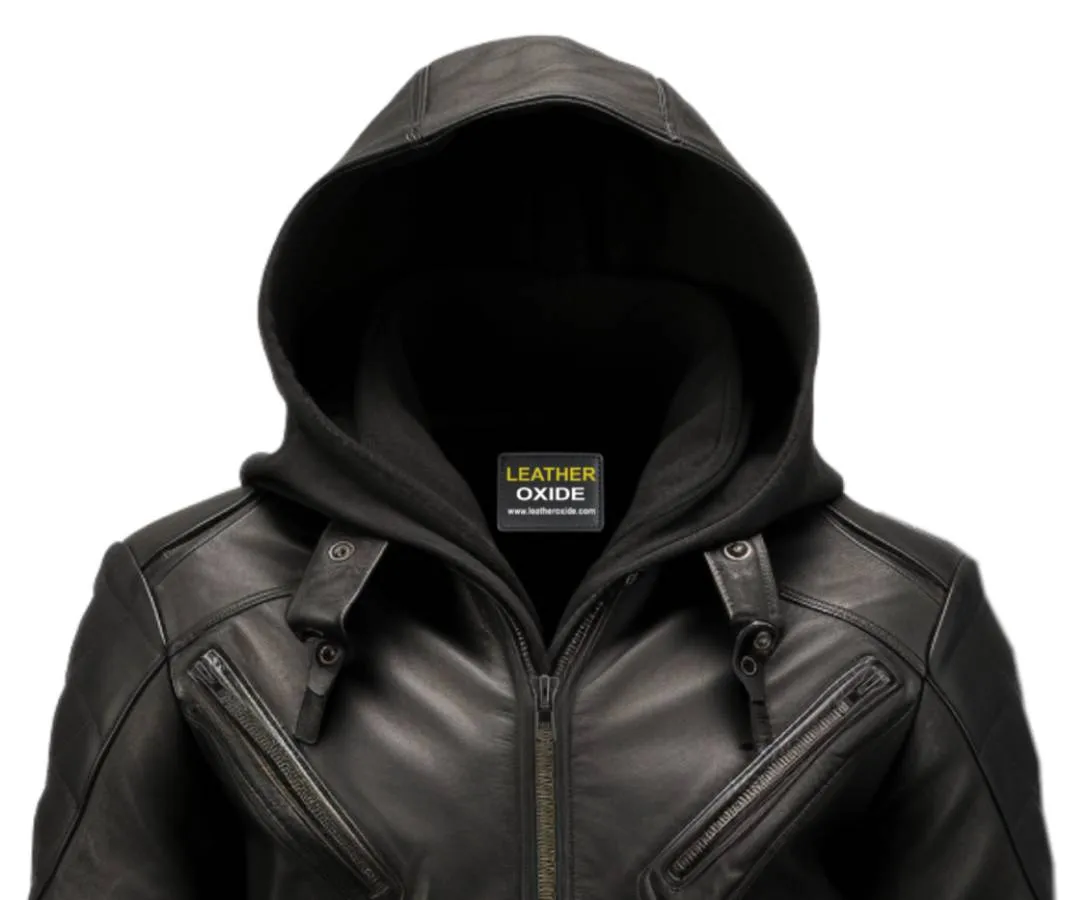 Men Hooded Leather Jacket - Hooded Black Leather Jacket