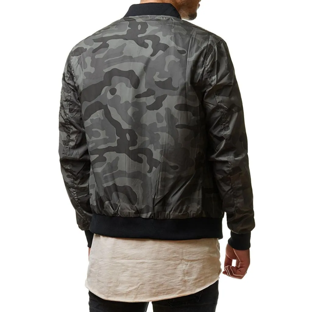 Men Left Arm Zip Pocket Camo Print Bomber Jacket