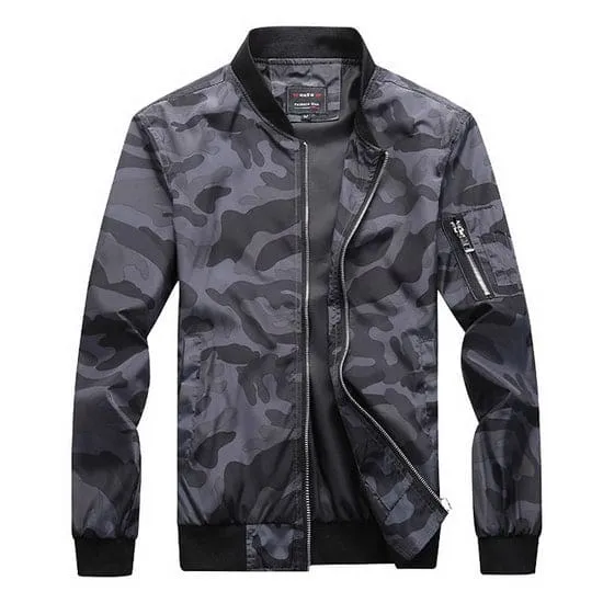 Men Left Arm Zip Pocket Camo Print Bomber Jacket