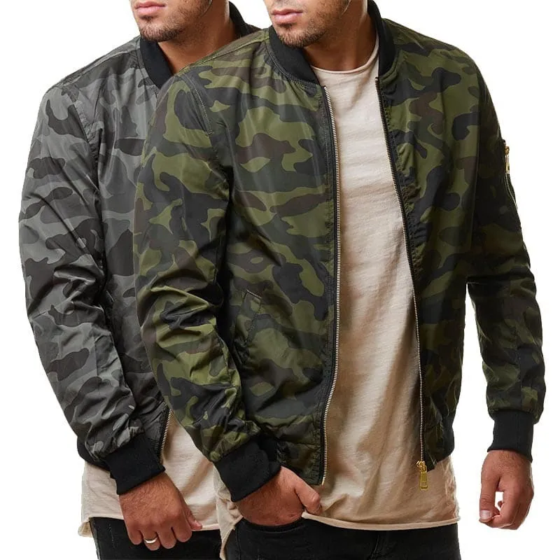 Men Left Arm Zip Pocket Camo Print Bomber Jacket