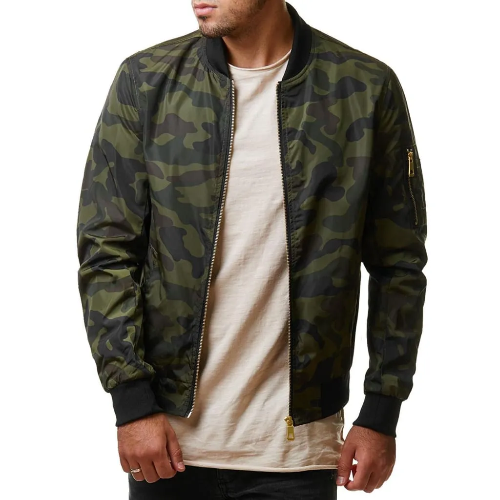 Men Left Arm Zip Pocket Camo Print Bomber Jacket