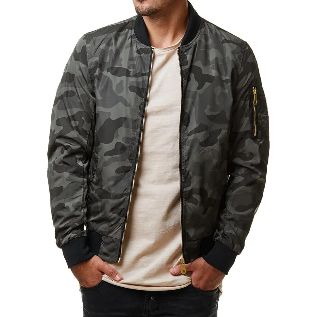 Men Left Arm Zip Pocket Camo Print Bomber Jacket