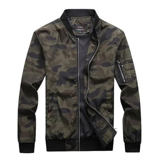 Men Left Arm Zip Pocket Camo Print Bomber Jacket