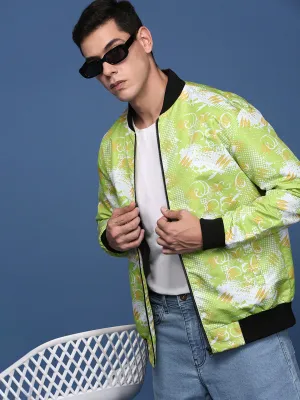 Men Printed Green Bomber Jacket