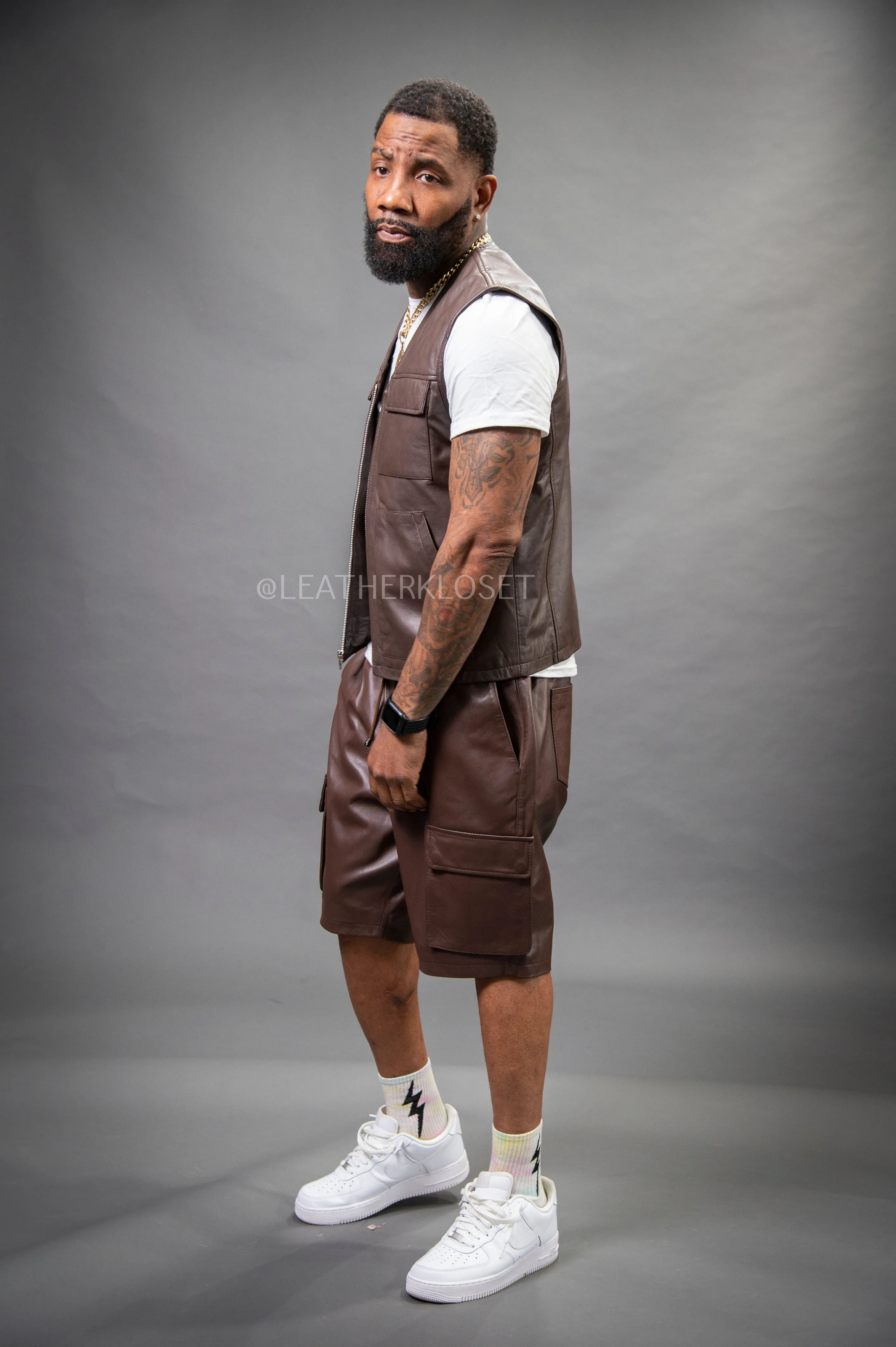 Men's Bless Set Leather Vest & Leather Cargo Shorts [Chocolate]