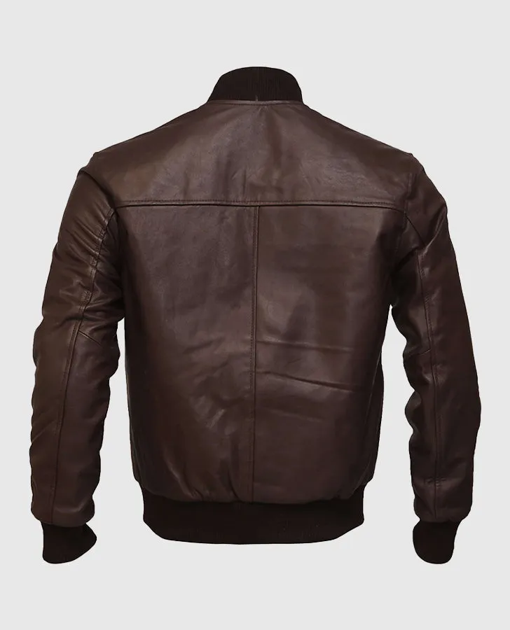 Mens Dark Brown Sheepskin Leather Varsity Bomber Jacket