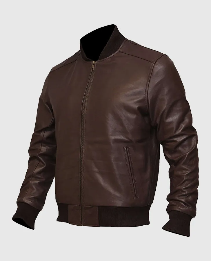 Mens Dark Brown Sheepskin Leather Varsity Bomber Jacket