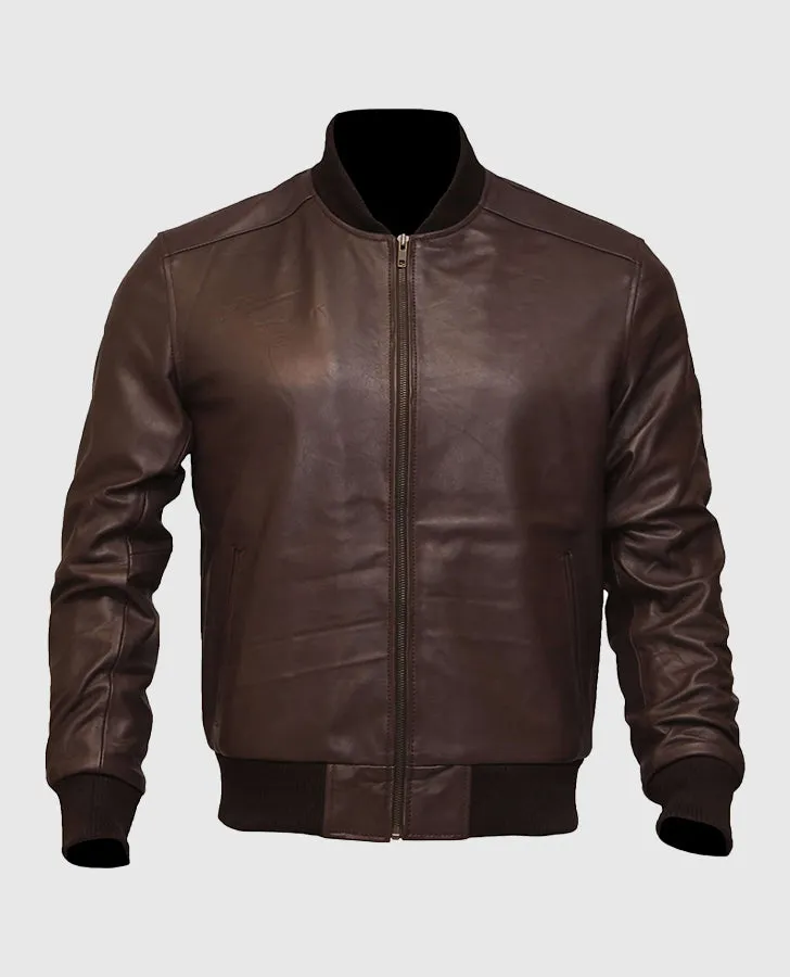 Mens Dark Brown Sheepskin Leather Varsity Bomber Jacket