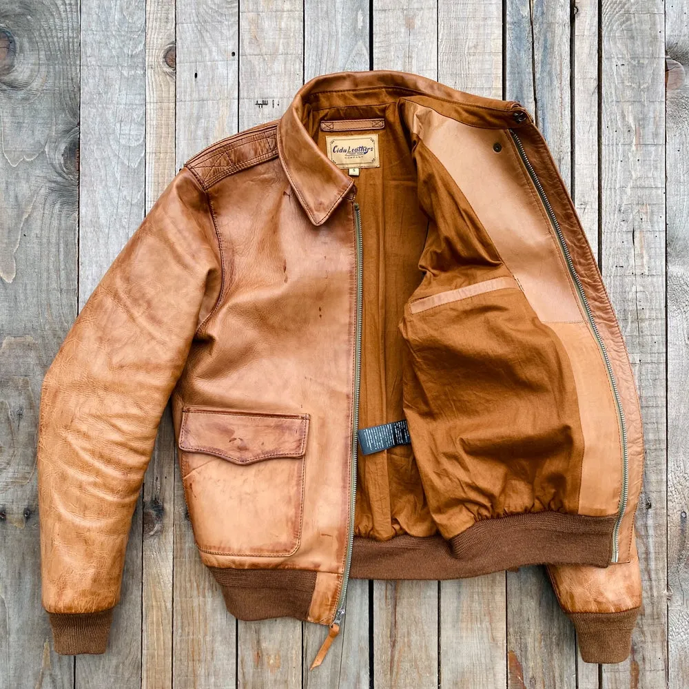 Men's Distressed Type A-2 Leather Jacket Tan