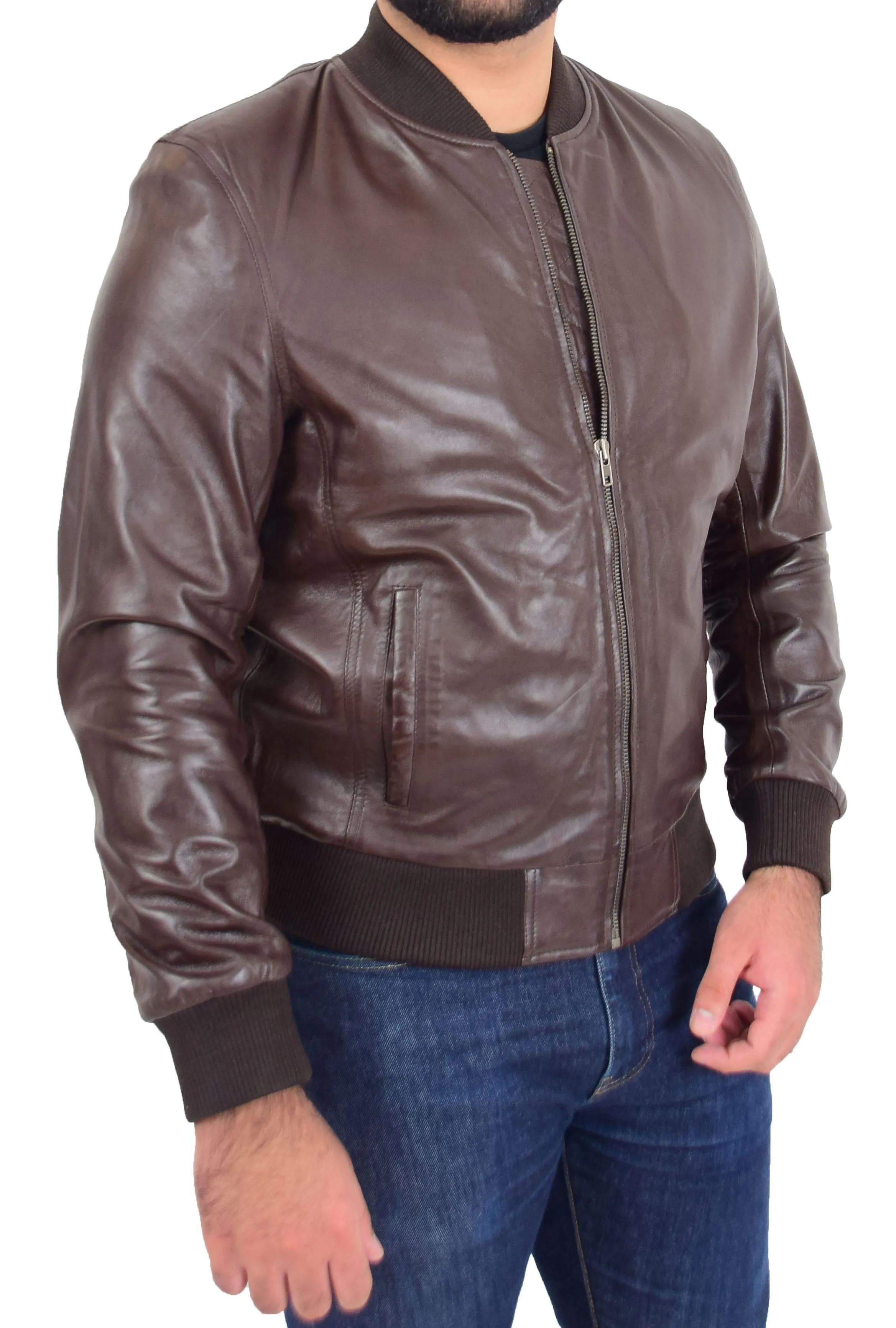 Mens Genuine Leather Bomber Jacket Jaxson Brown