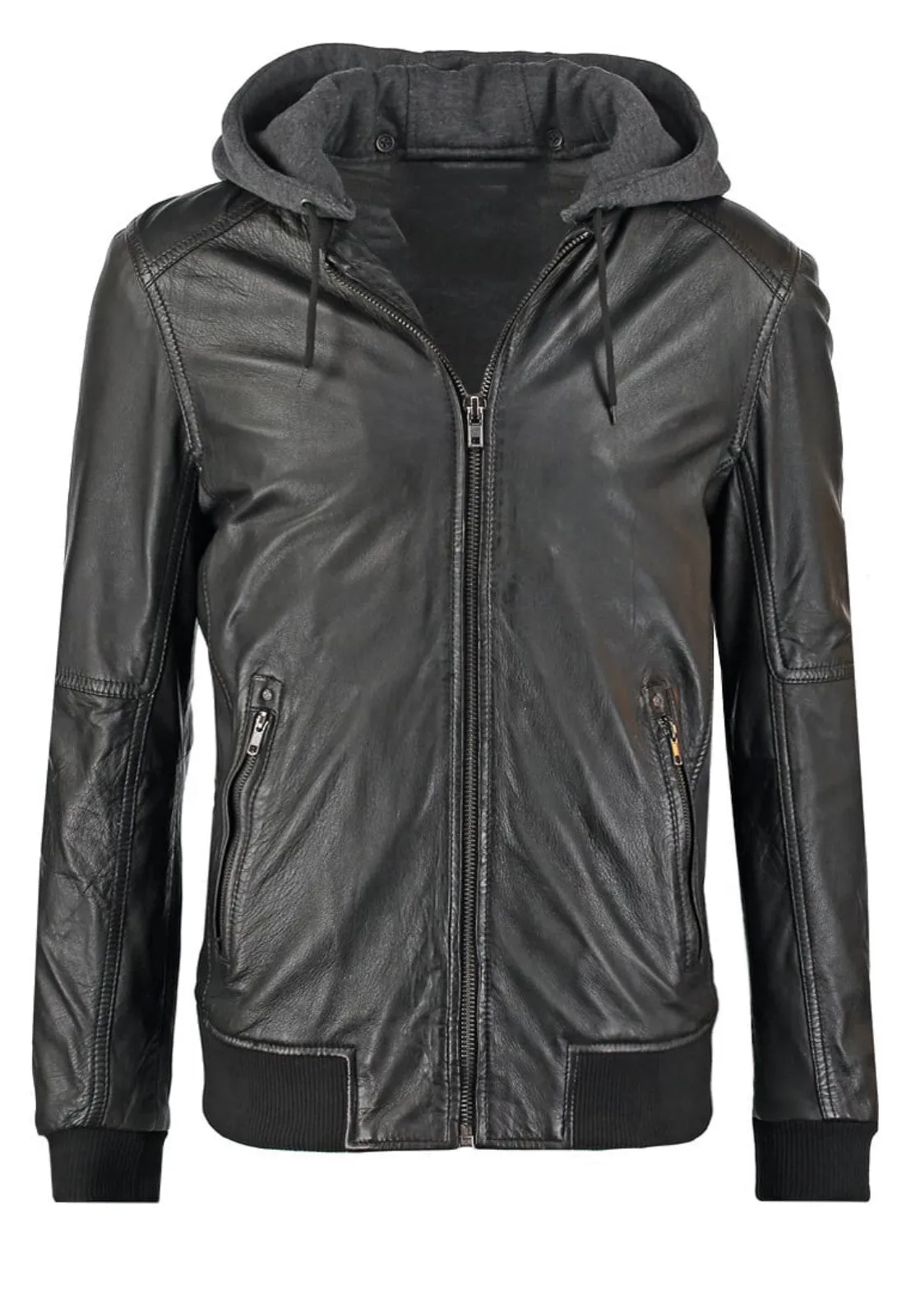 Men's Genuine Leather Bomber Jacket with Hoodie MZ09