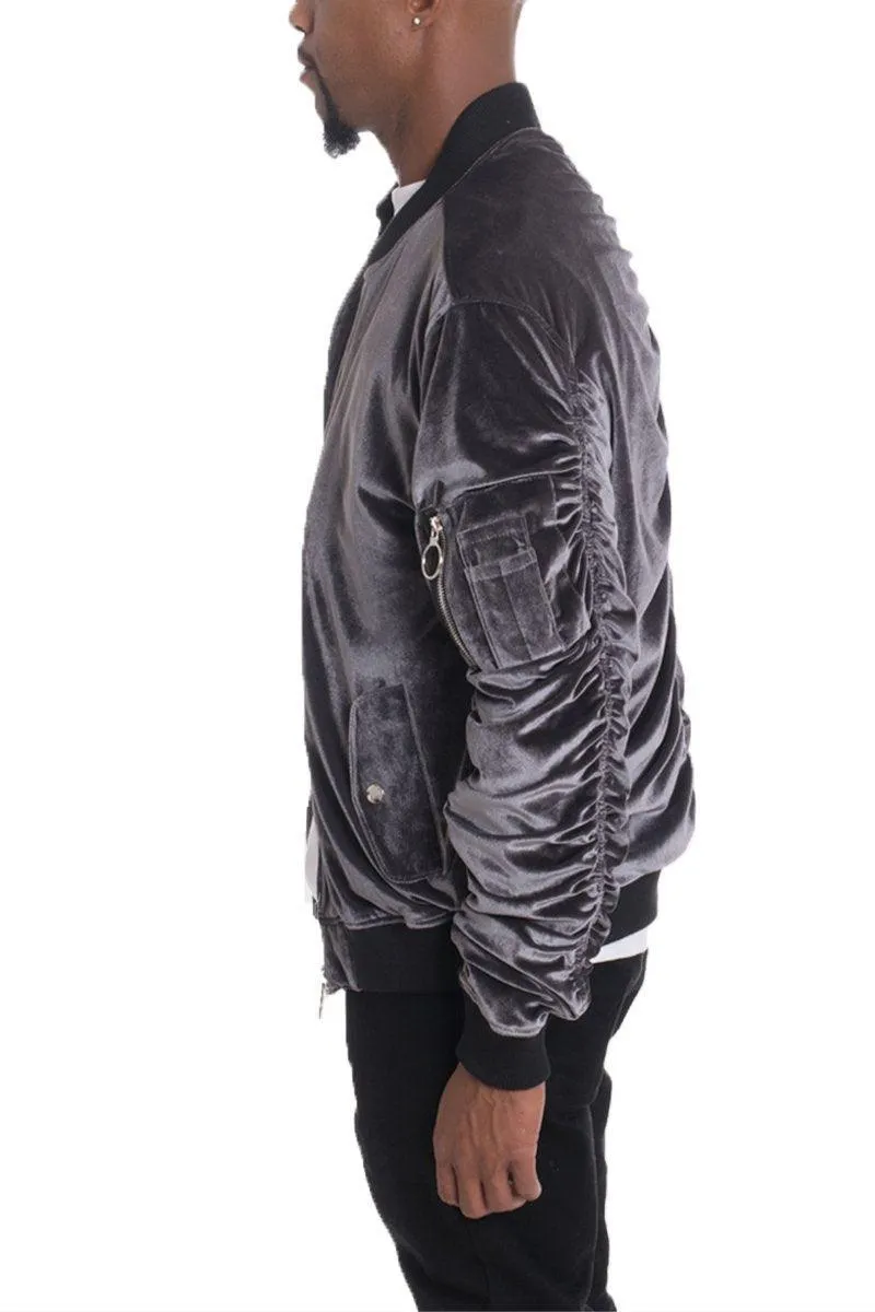 Mens Grey / Black Velour Bomber Jacket