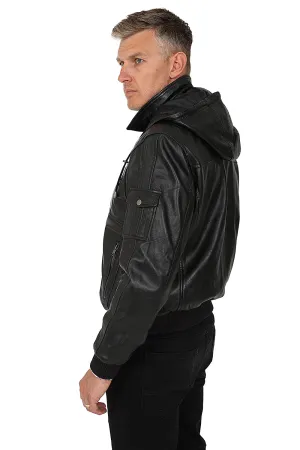 Men's Leather Bomber Style Jacket with a Detachable Hood - DANNY 638