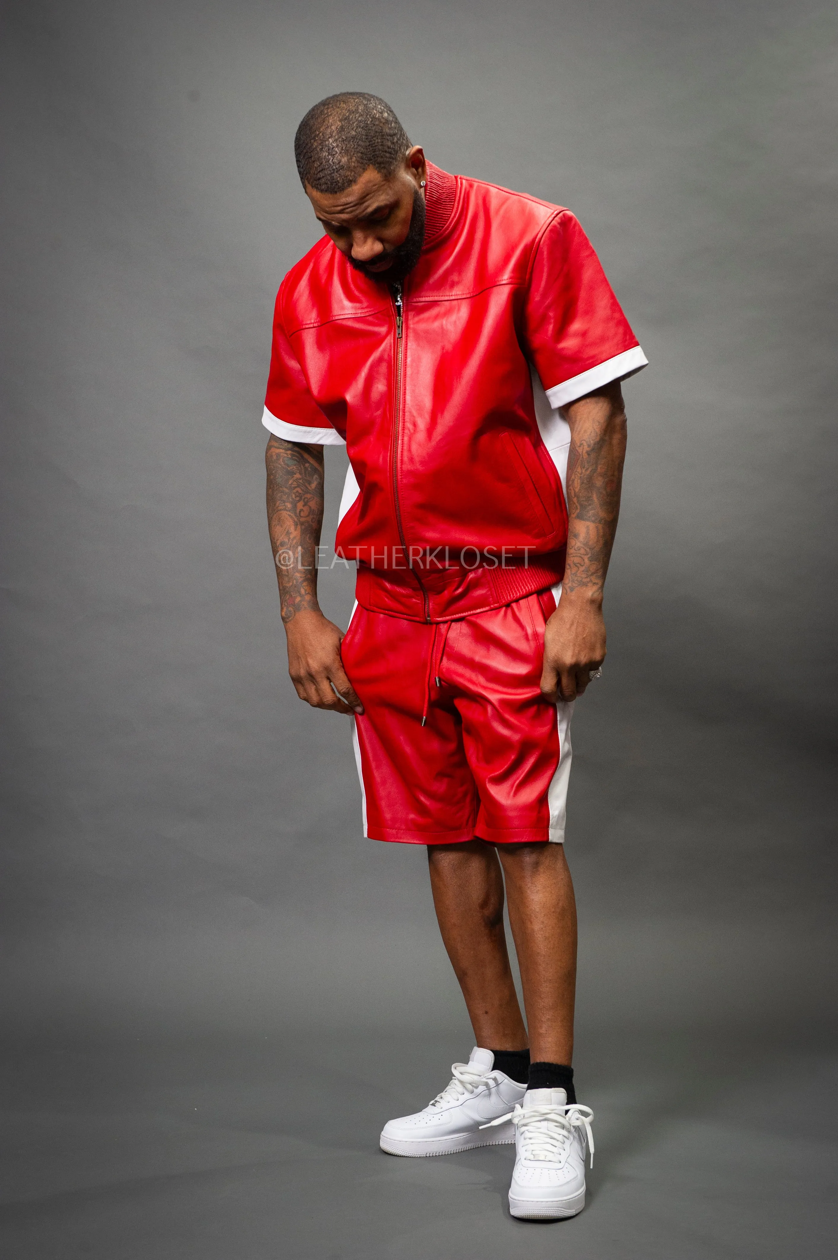 Men's Leo Leather Shorts and Jacket Set [Red/White]