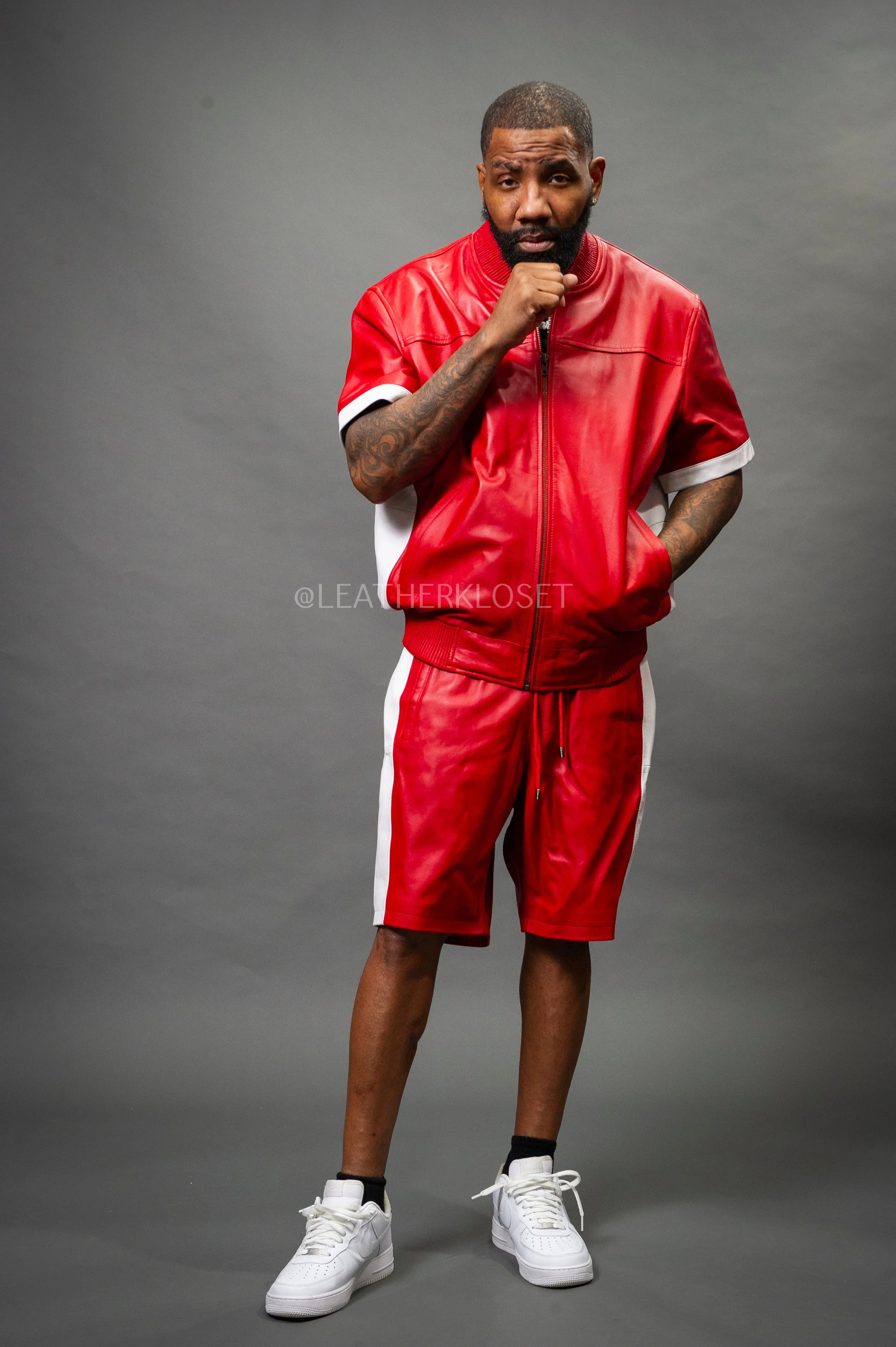 Men's Leo Leather Shorts and Jacket Set [Red/White]