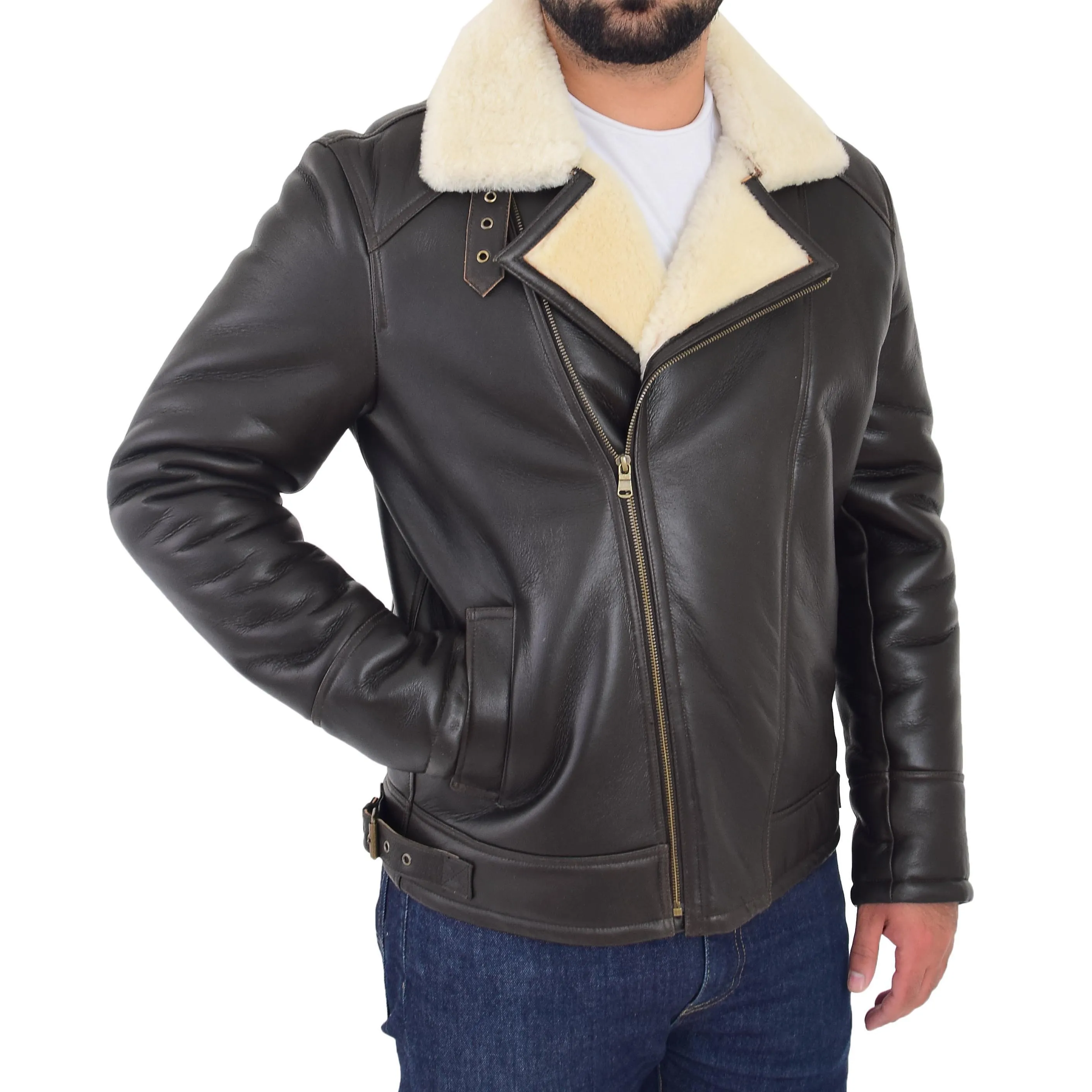 Mens Real Sheepskin Flying Jacket X-Zip Shearling Aviator Bomber Stealth Brown White