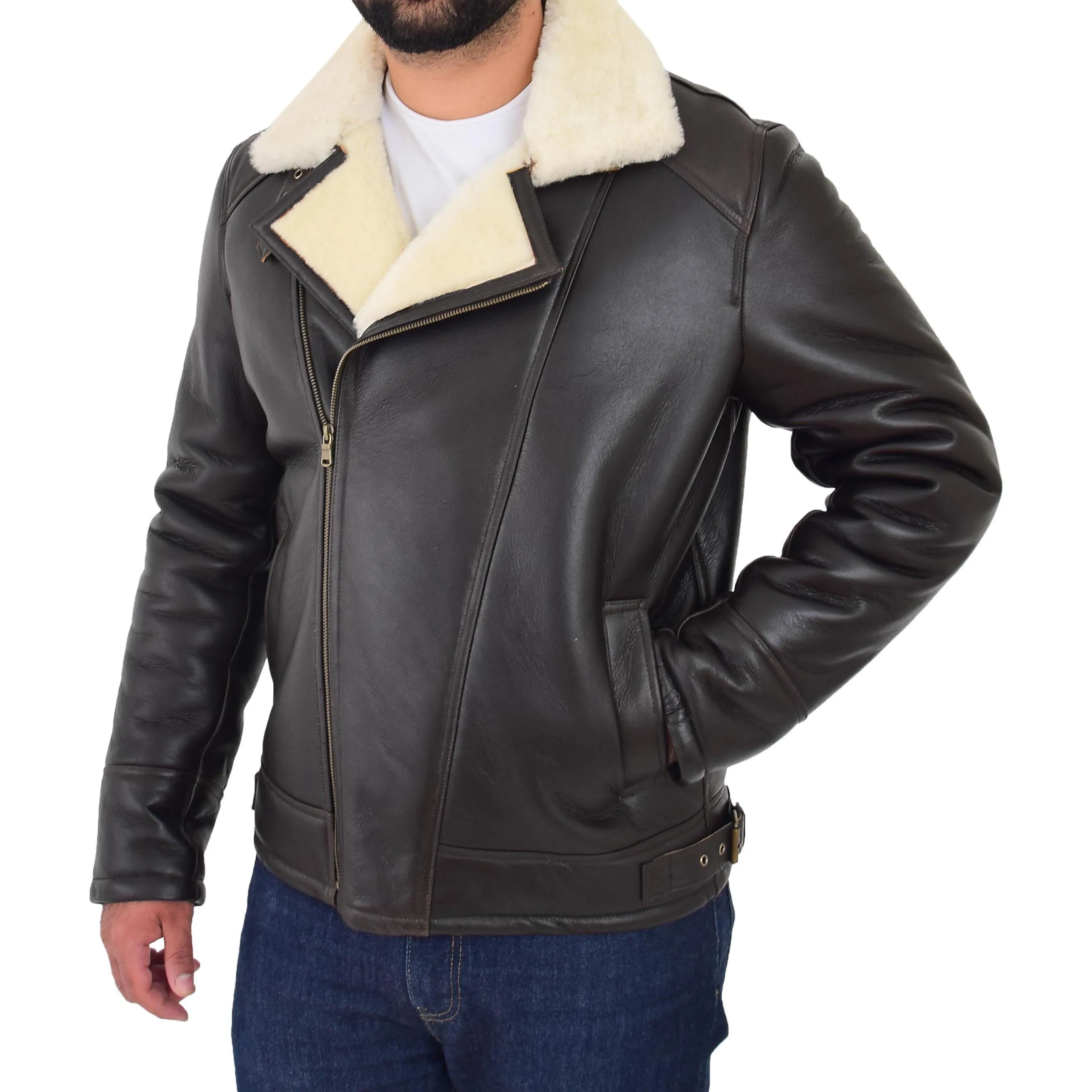 Mens Real Sheepskin Flying Jacket X-Zip Shearling Aviator Bomber Stealth Brown White