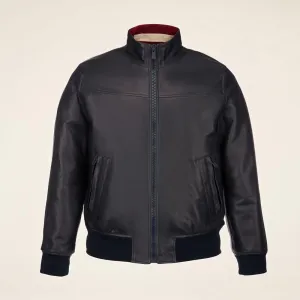 Men's Shinny Black Leather Bomber Jacket