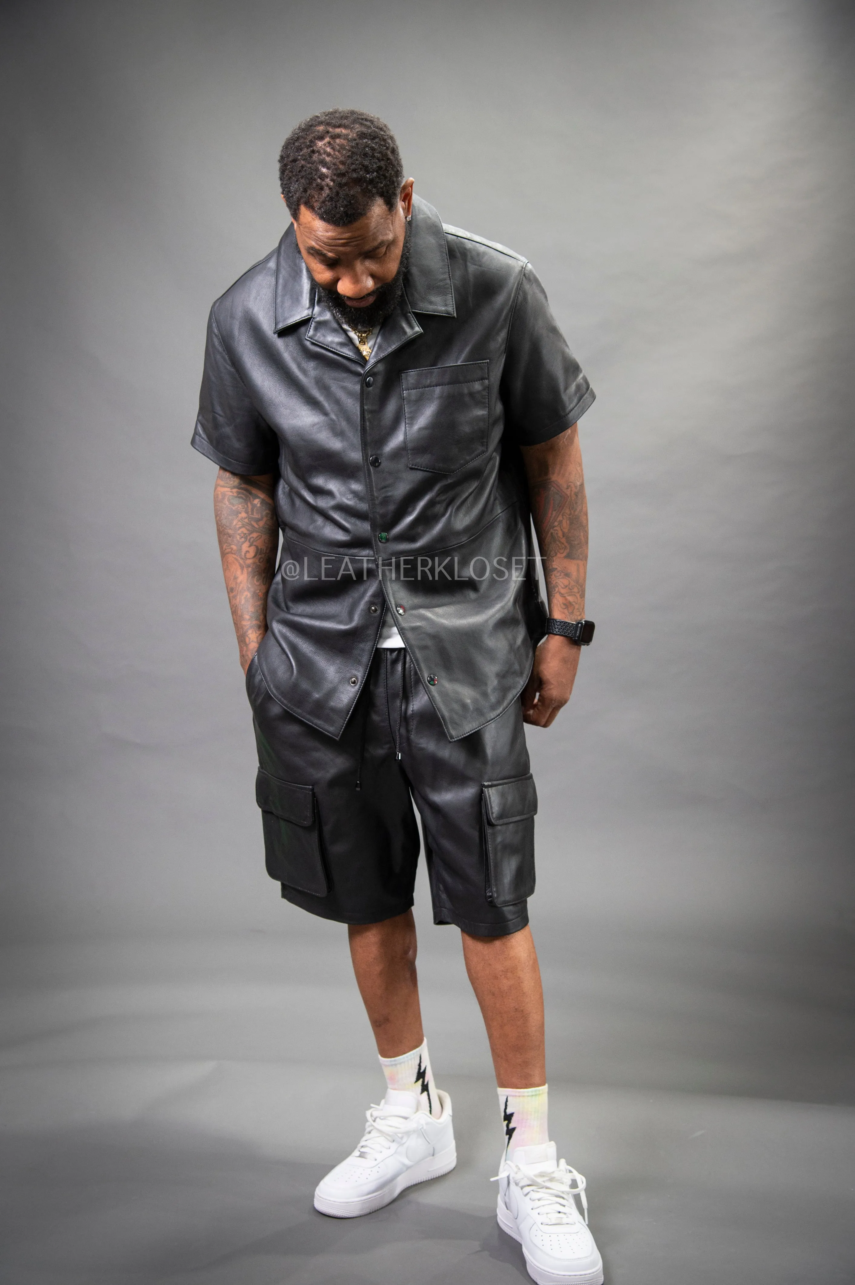 Men's Summer In Miami Leather Shirt And Cargo Shorts Set [Black]