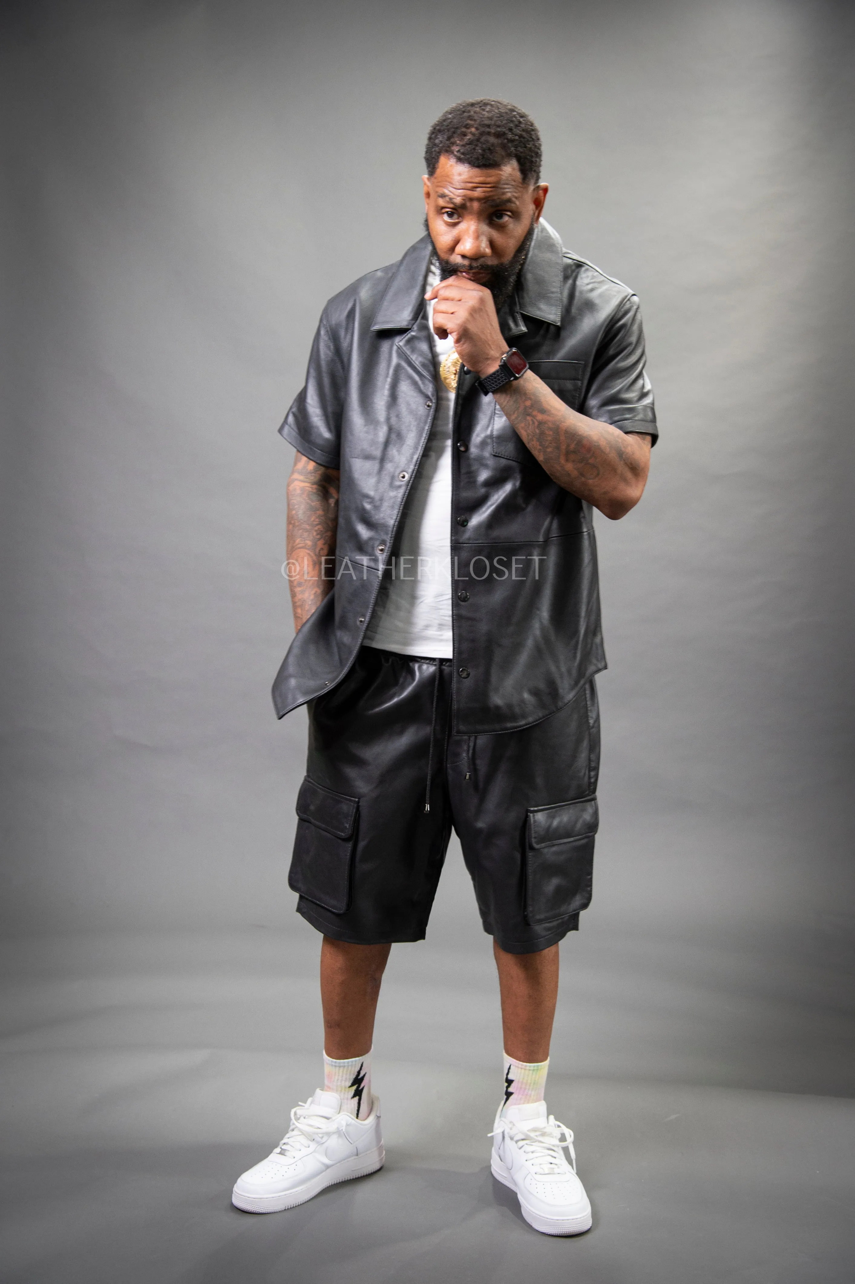 Men's Summer In Miami Leather Shirt And Cargo Shorts Set [Black]