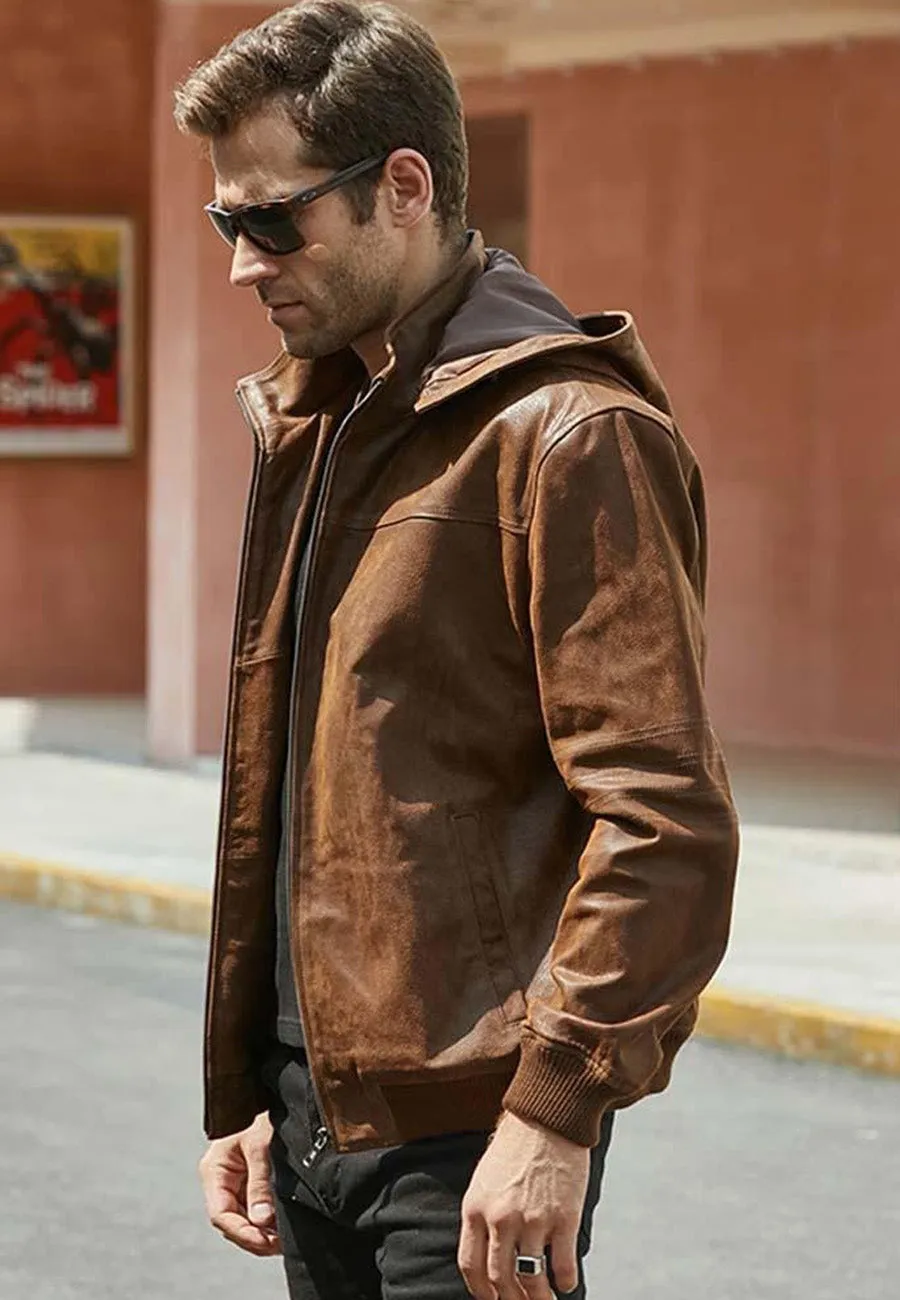 Men’s Tan Brown Leather Bomber Jacket Removable Hood