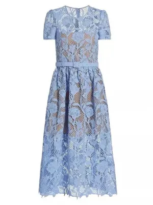 Metaversmall Hollow Lace Sheer vintage Dress For Women O Neck Short Sleeve High Waist Patchwork Belt Midi Dresses Female Fashion Clothing