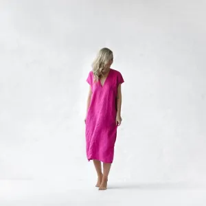 Neon Pink Linen V neck dress by Seaside Tones