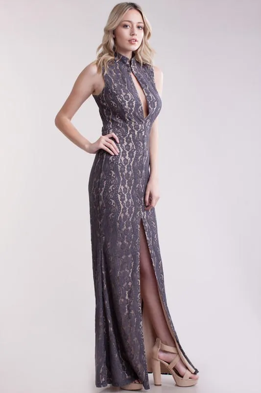 Nude Gray Maxi Lace Dress Raw Moda