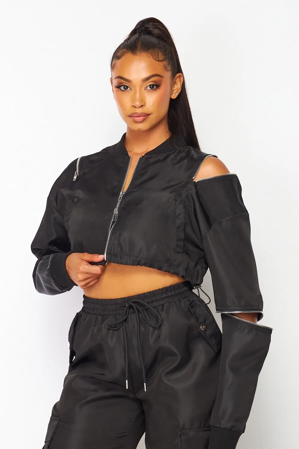 Nylon Crop Bomber Jacket With Zipper Sleeve