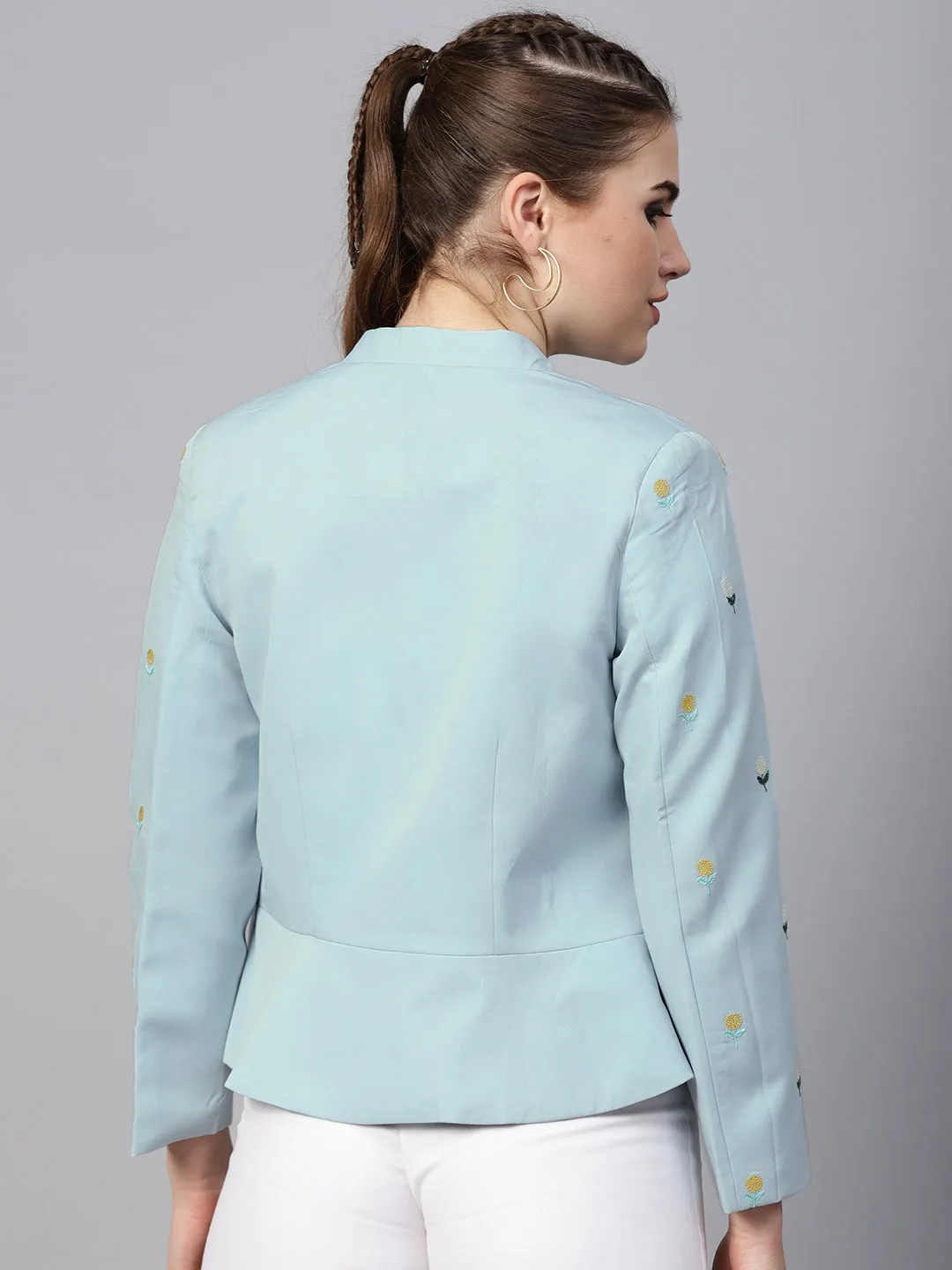 Pastel Solid Fake Pocket Embroidered Blazer