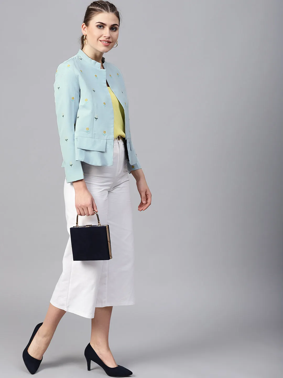 Pastel Solid Fake Pocket Embroidered Blazer